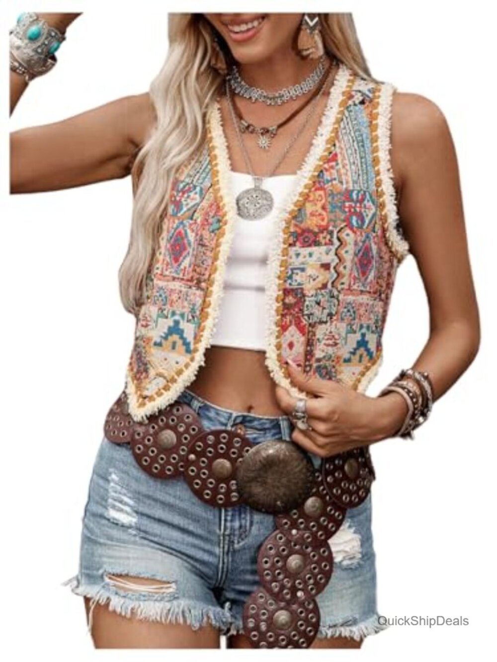 Embroidered Vest Raw Hem Sleeveless Cardigan Boho Festival Cowgirl Outfit